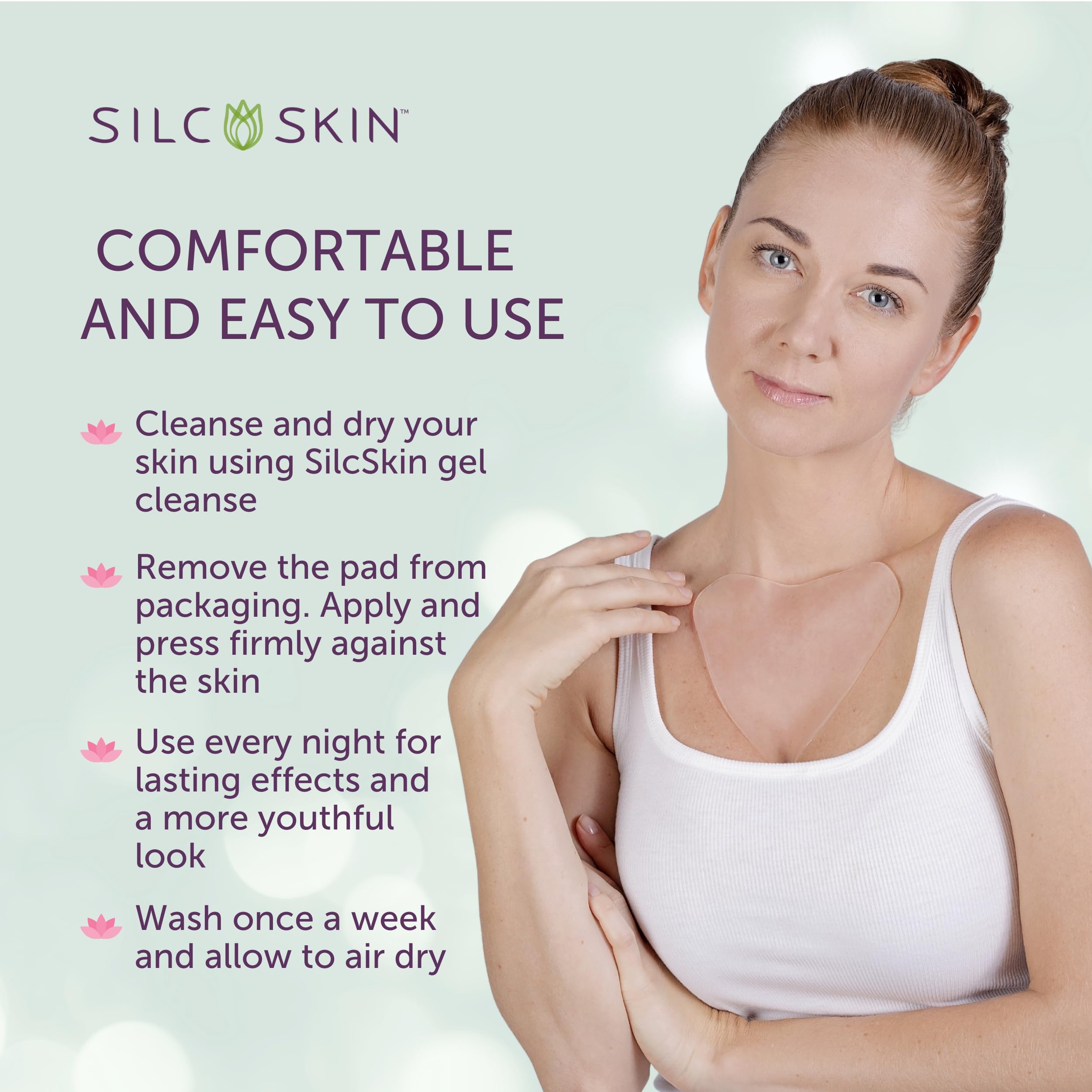 Silc Skin Decollette Pad silicone material offers safe, soft contact for delicate skin.
