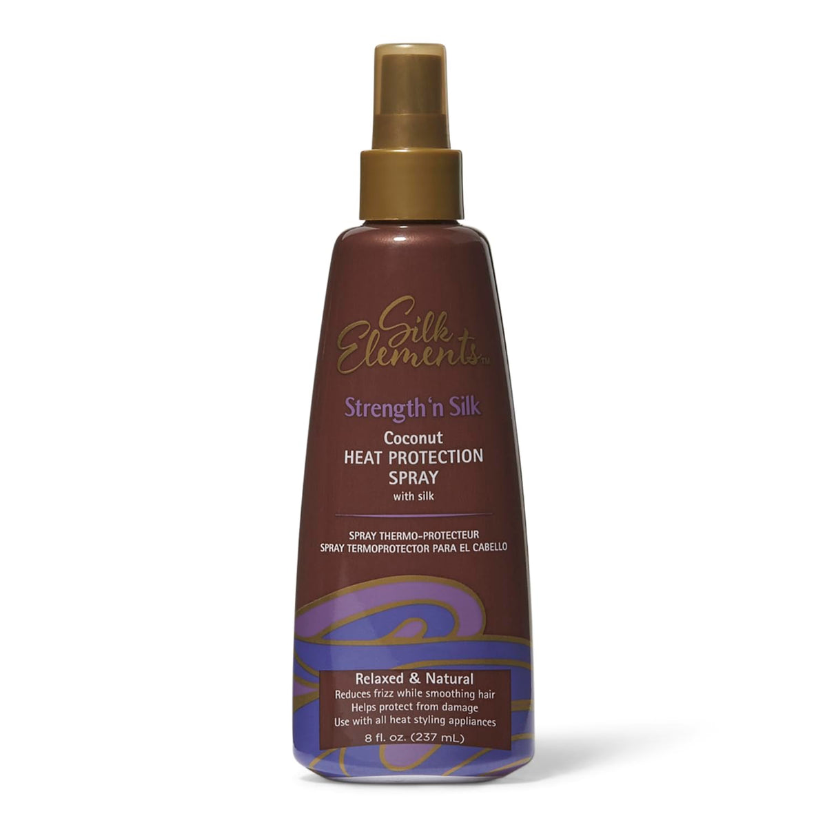 Silk Elements Coconut Heat Protection Spray, botella, protege el cabello con textura ligera y aroma a coco.