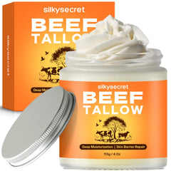 Bálsamo SilkySecret de sebo de res en bote para hidratación profunda.