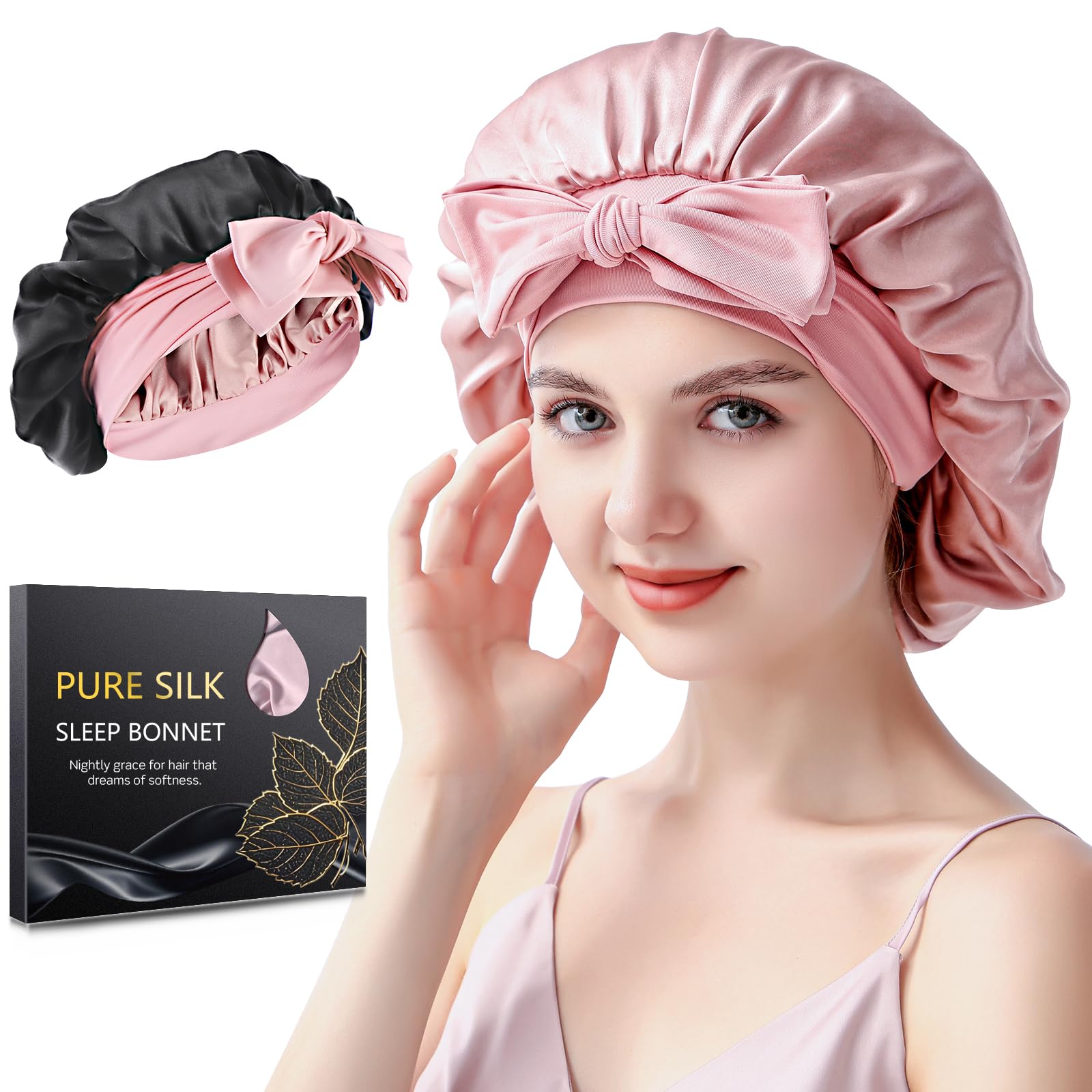 Silmana bonete de seda para dormir en rosa suave, protege el cabello y reduce fricción.