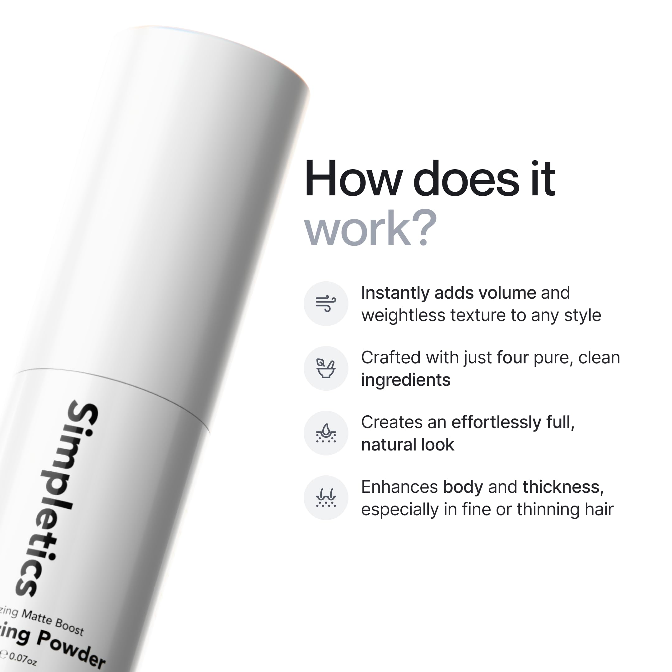 Simpletics Texturizing Powder dispense shot highlighting root lift