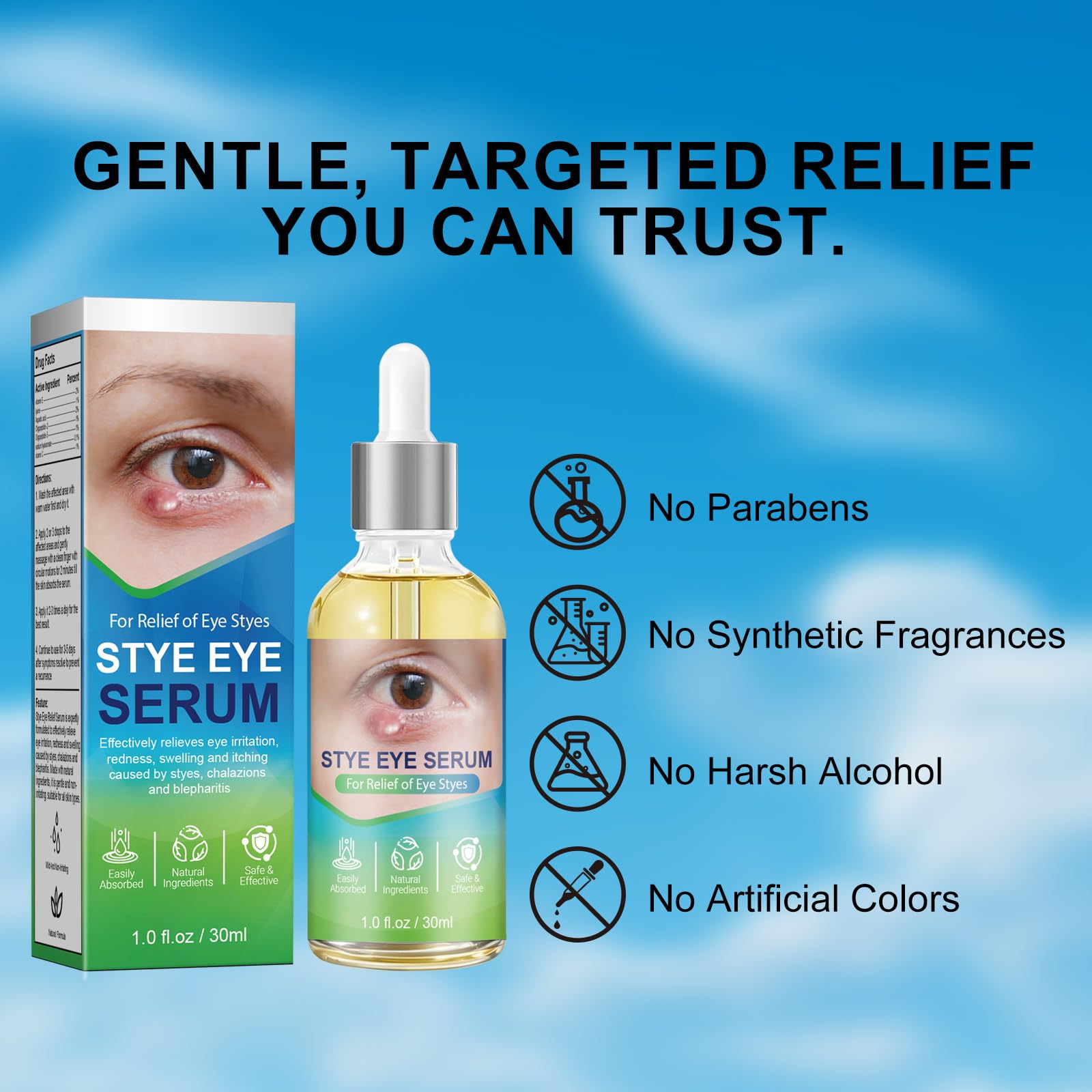 Caja de SinBron y suero para un cuidado ocular práctico.