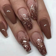 SINHOT uñas prensadas en forma ataúd mediana con brillo y gradiente marrón, estilo elegante.