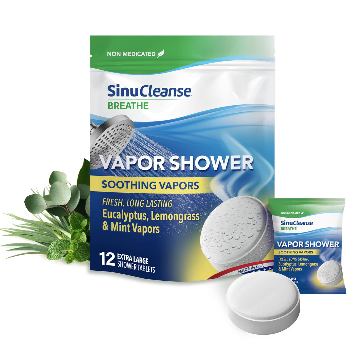 SinuCleanse tableta de vapor para ducha con citronela, eucalipto y menta para una aromaterapia fresca.