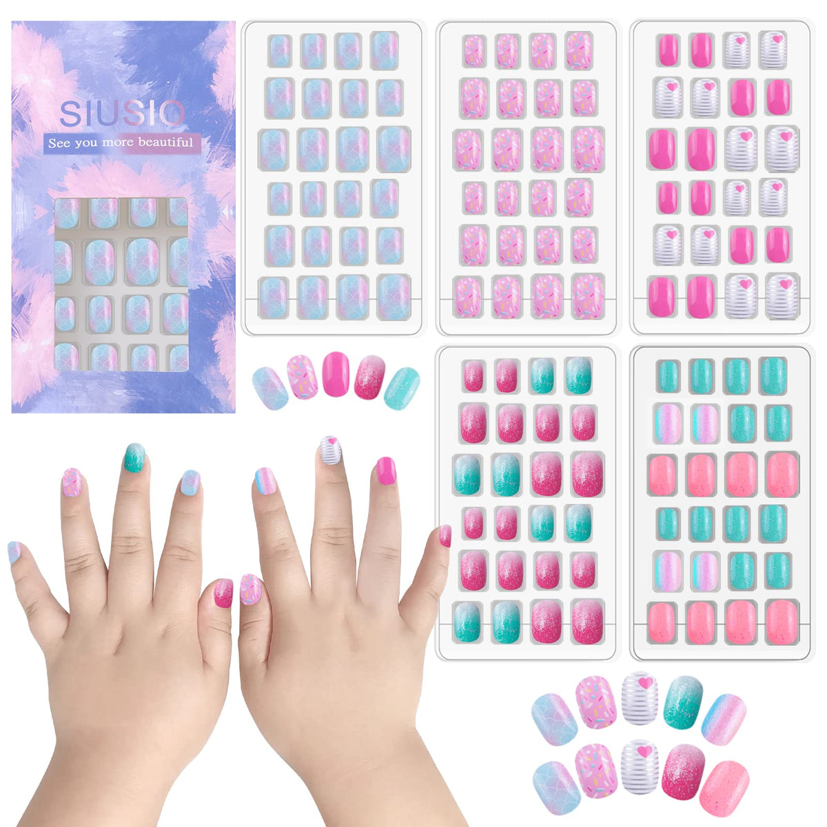 Uñas SIUSIO para niñas con prepegado y brillo gradiente para un acabado rápido