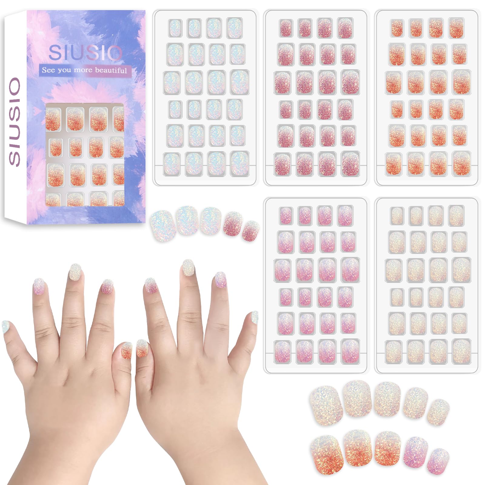 Uñas postizas Siusio para niñas, colección 5-pack, aplicación rápida para fiestas.