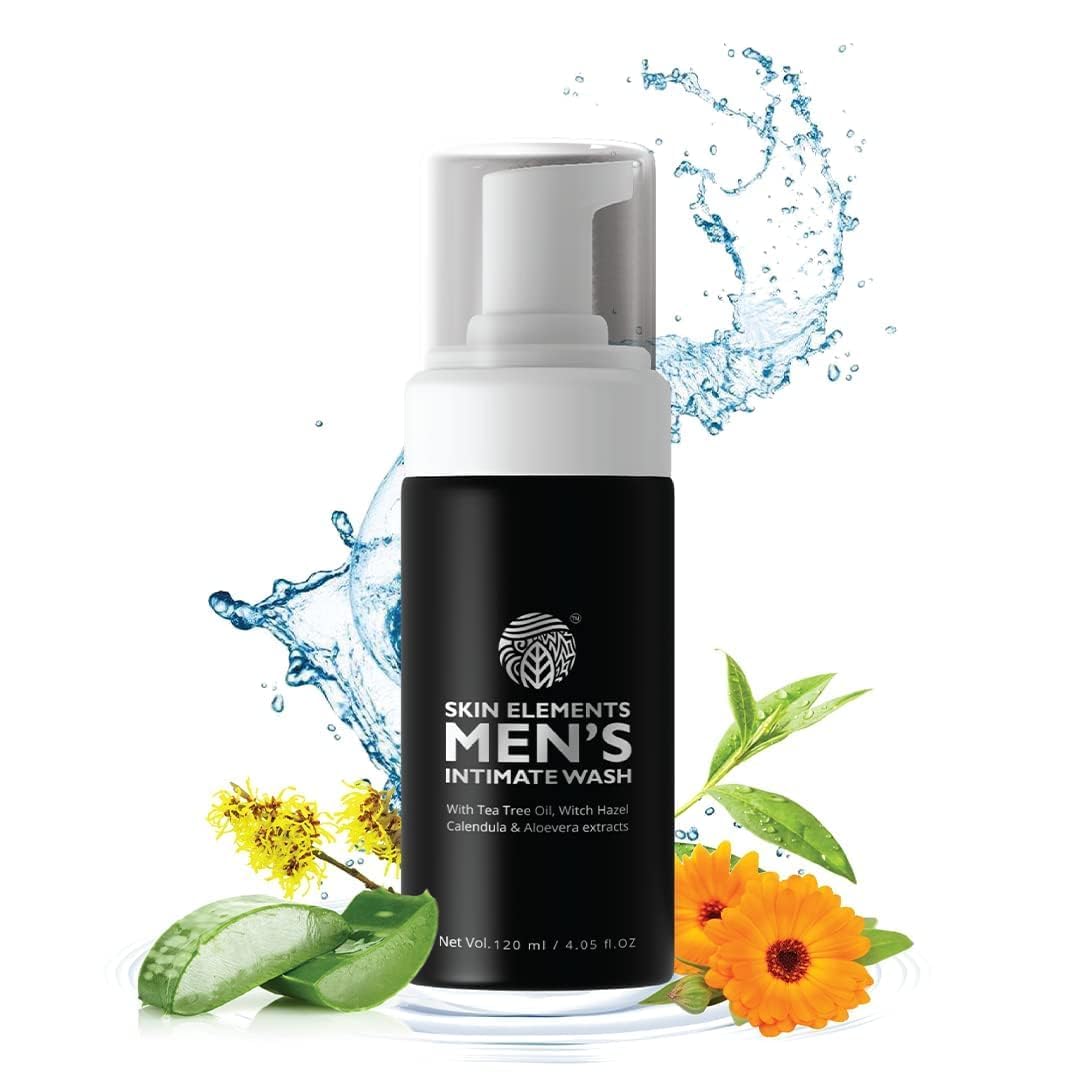 Skin Elements lavando área íntima con botella; higiene diaria y frescura.