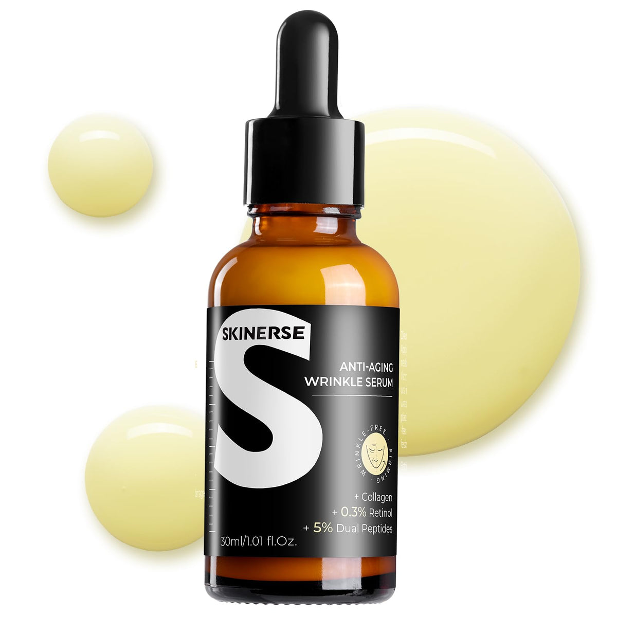 SKINERSE Retinol Serum botella, envase elegante para el cuidado diario.
