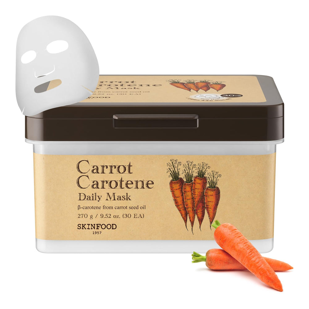 SKINFOOD 1957 Carrot Carotene Daily Mask ofrece hidratación rápida para piel seca.