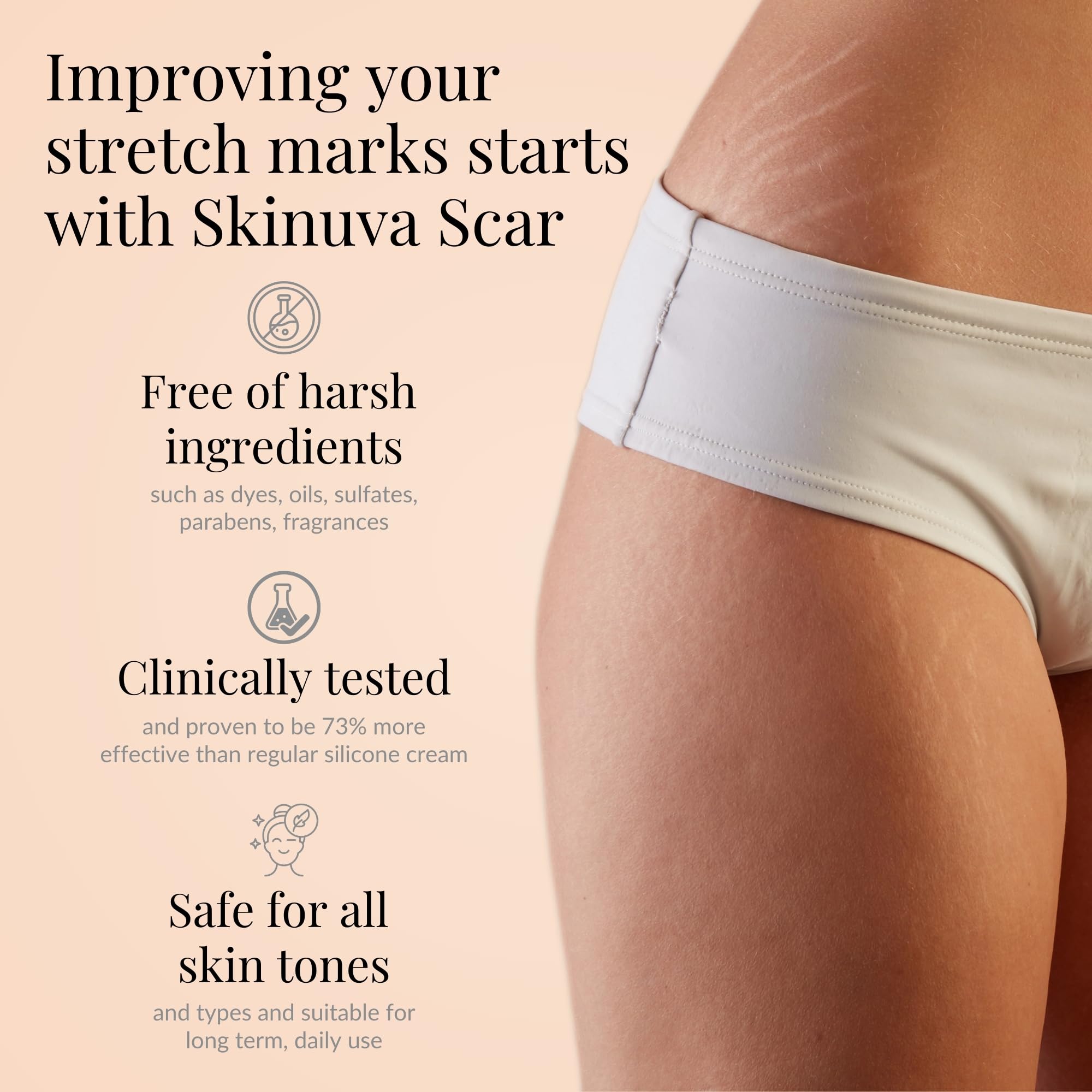 Skinuva estrías grandes, uso diario suave para la piel.