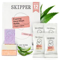 Skipper tableta de jabón espumoso para manos en frasco facilita lavado rápido.