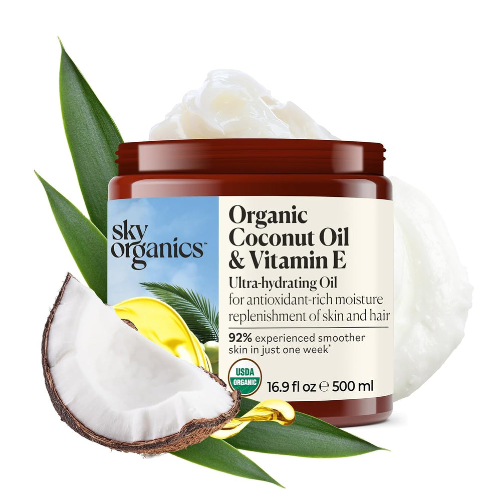 Sky Organics bote de aceite de coco orgánico virgen para hidratación profunda.