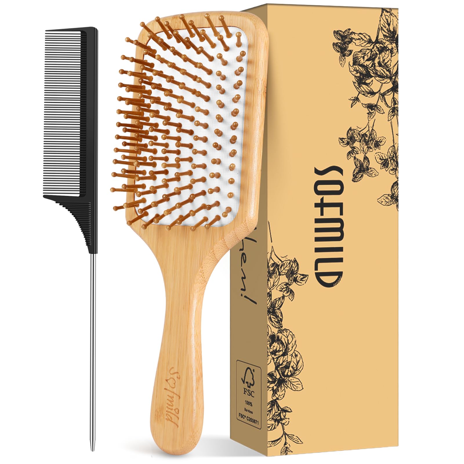 Sofmild cepillo de pala de bambú y cerdas, cepillado suave para el cabello.