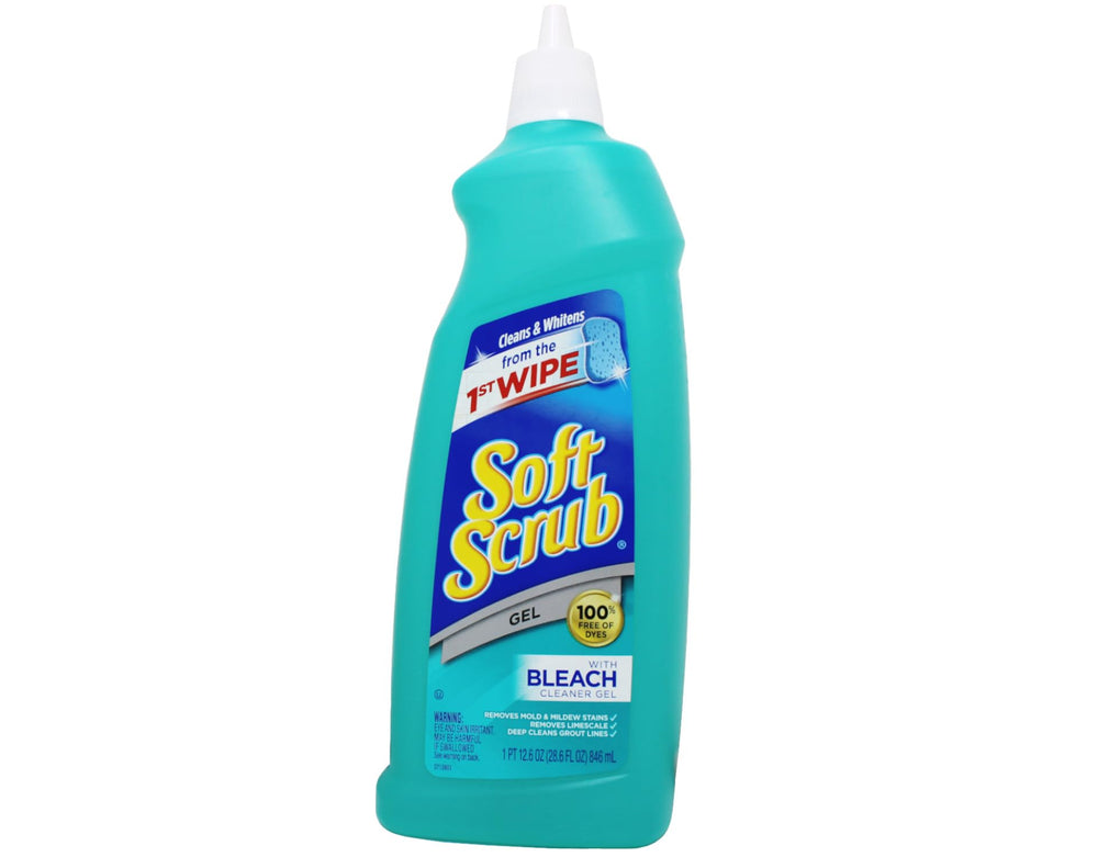 Soft Scrub Gel Limpiador con Blanqueador, botella frontal para limpieza profunda.