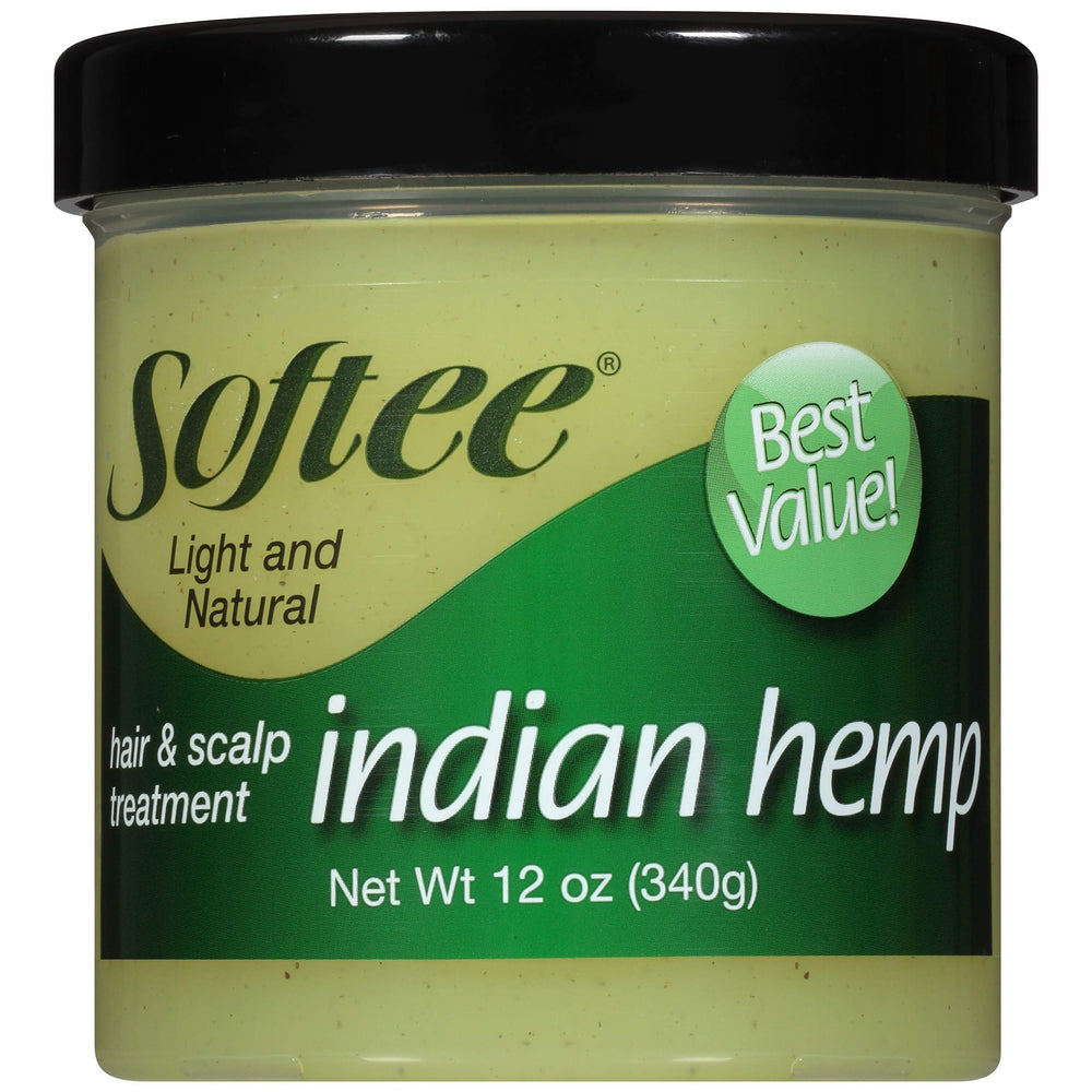 Softee Hair & Scalp Treatment, botella visible, ayuda a suavizar el cabello.