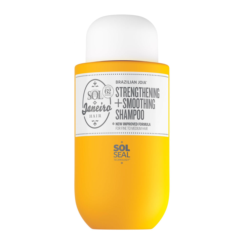 Sol de Janeiro Brazilian Joia Champú Fortalecedor, botella visible para cabello fino que busca suavidad.