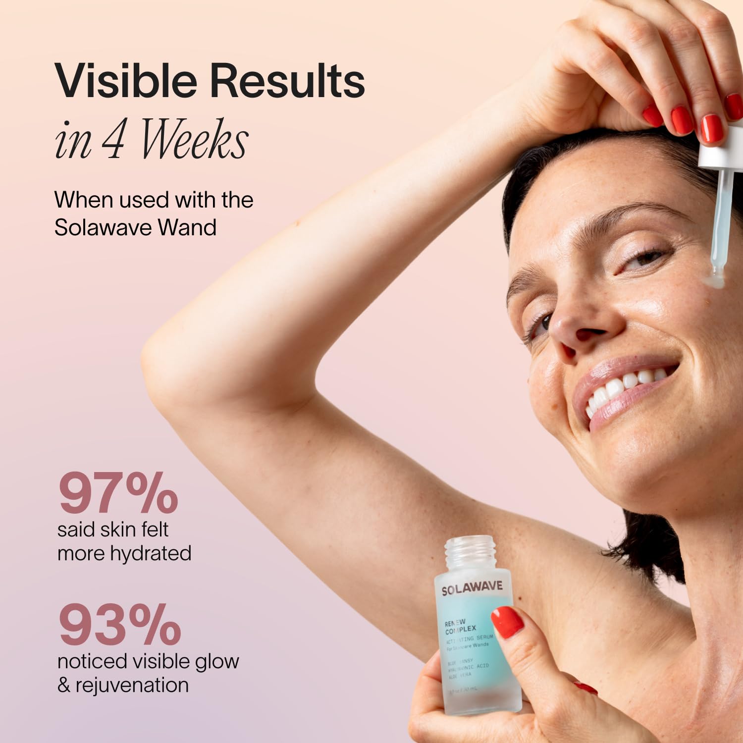 Solawave Renew Complex Serum, ingredientes naturales: aloe vera y ácido hialurónico para hidratación.