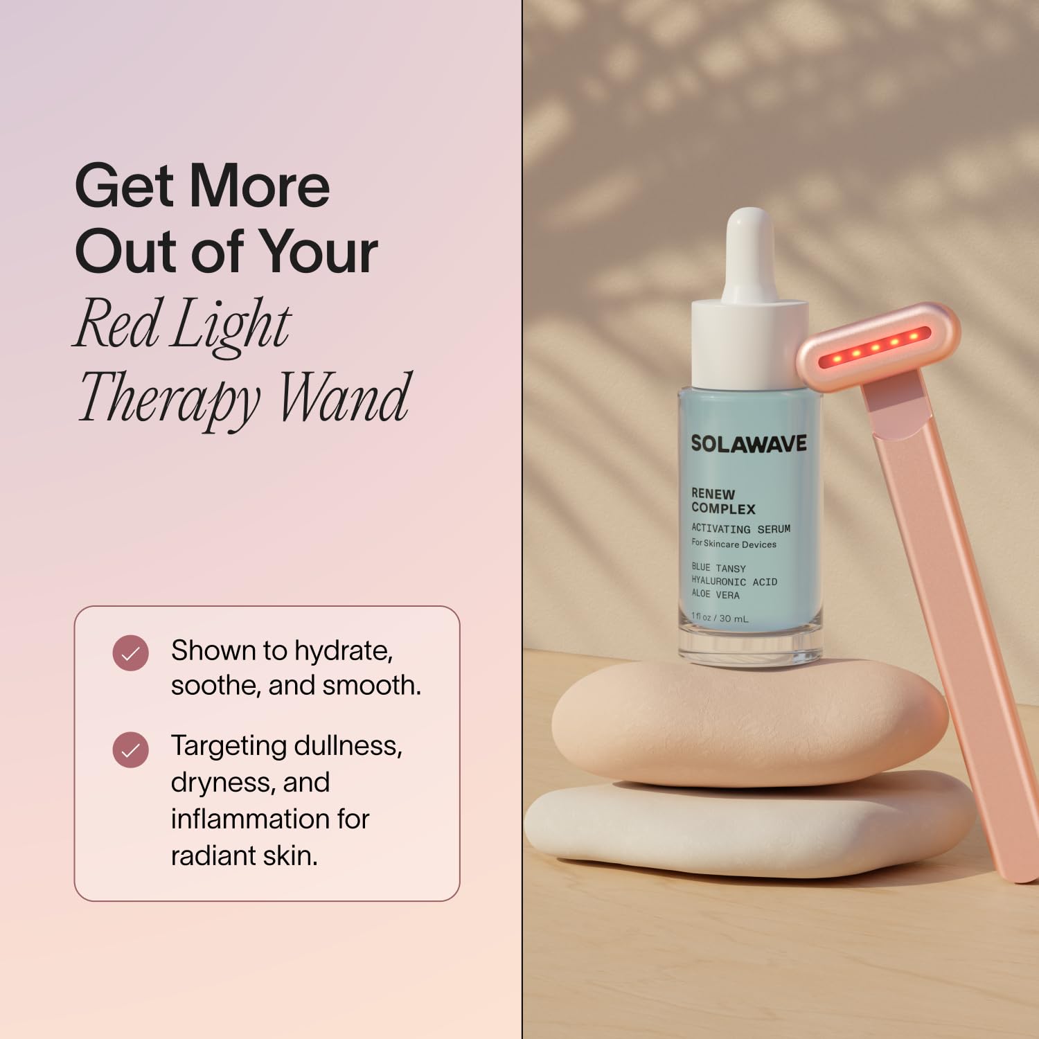 Solawave Renew Complex Serum, textura ligera: deslizamiento suave para microcorriente facial.