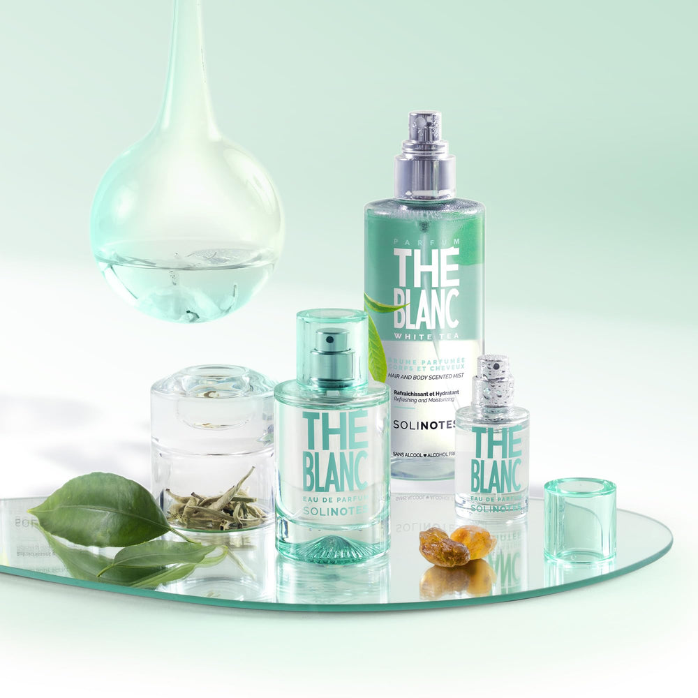 Solinotes White Tea bottle close-up shows refined perfumery details.