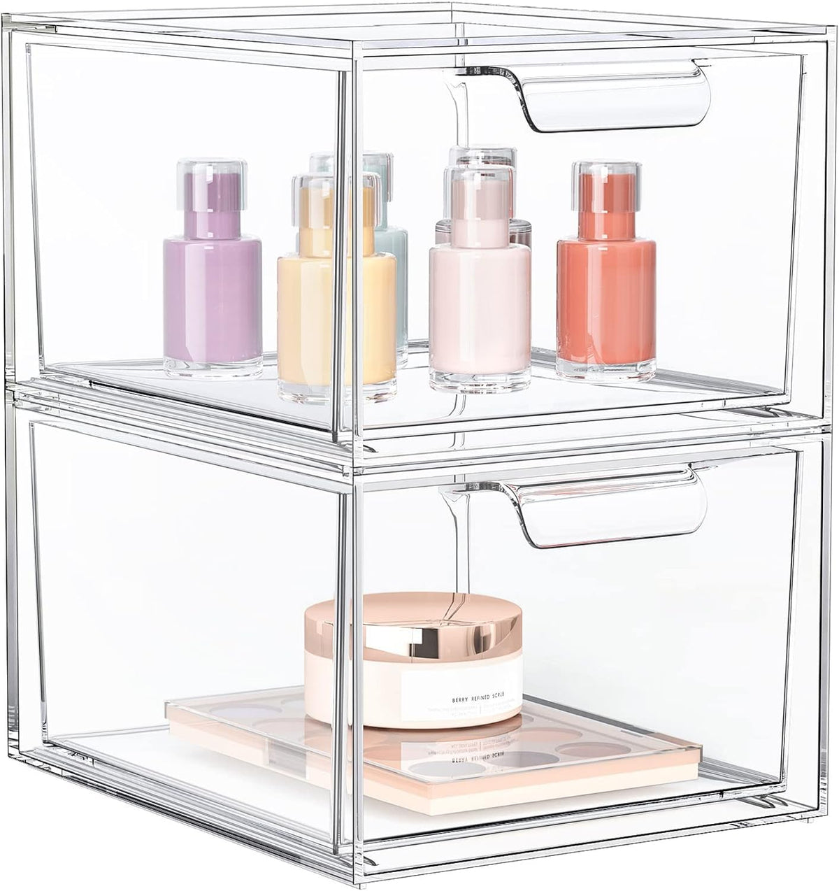 SpaceHacks organizador maquillaje apilable para un tocador ordenado y de fácil acceso.