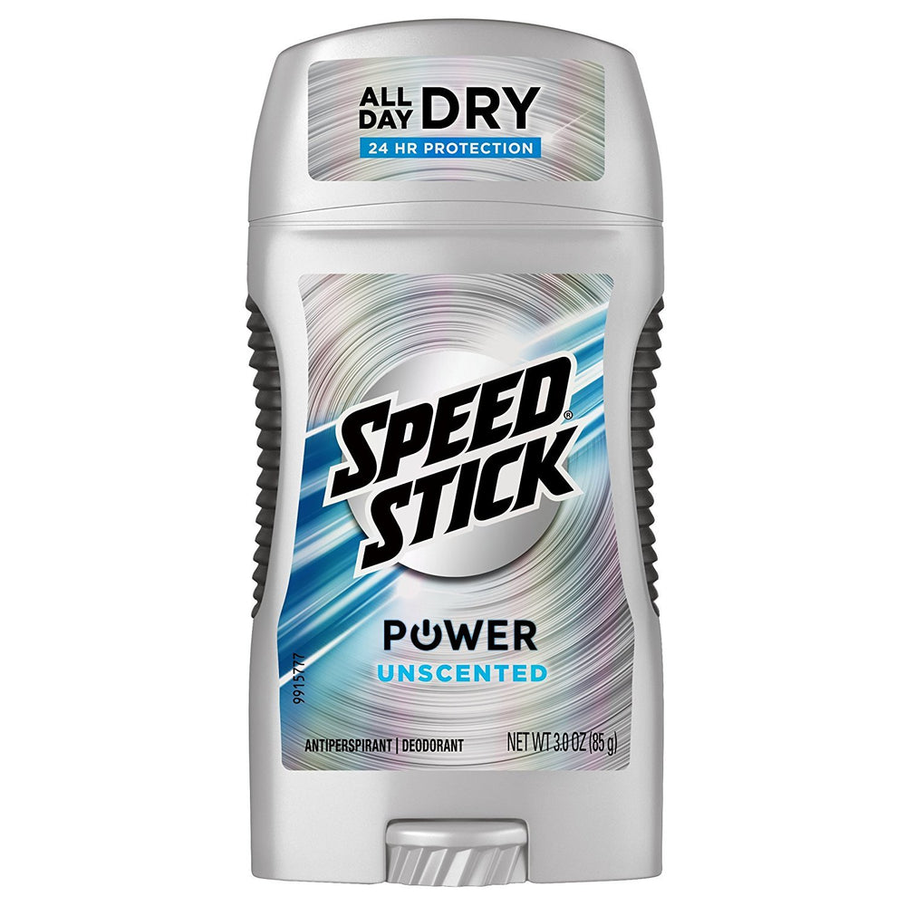 Speed Stick Power Unscented pack of 3 sticks on shelf for everyday freshness.