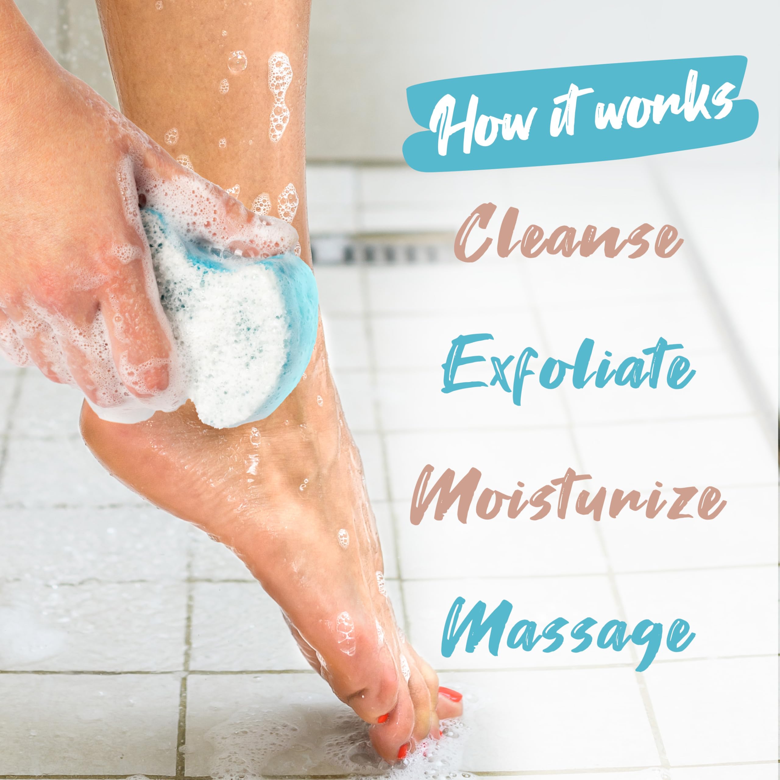 Spongeables Pedi Scrub: aceite de oliva y vitamina E para piel hidratada.