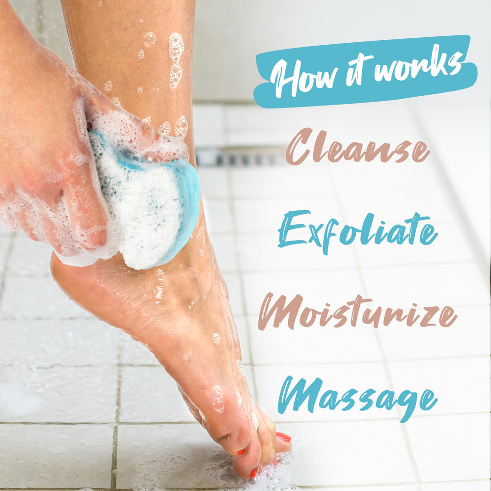 Spongeables Pedi Scrub: aceite de oliva y vitamina E para piel hidratada.