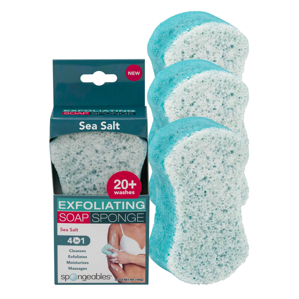 Spongeables sea salt 3 count sponge ready for cleansing and gentle exfoliation.