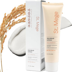 St. Mege protector solar arroz: envase ligero, perfecto para viajes.