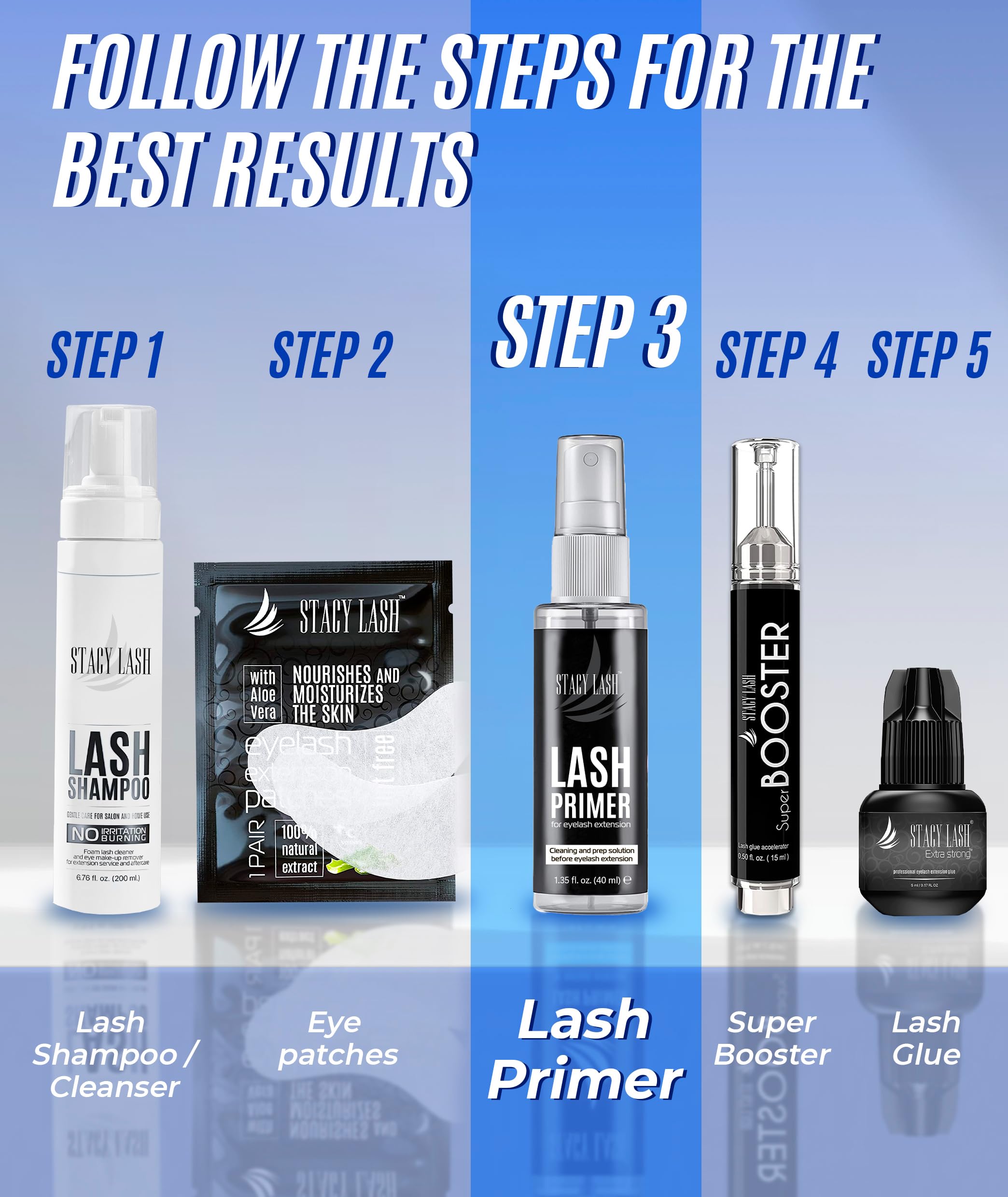 STACY LASH Primer limpieza previa para mejores resultados en extensiones.