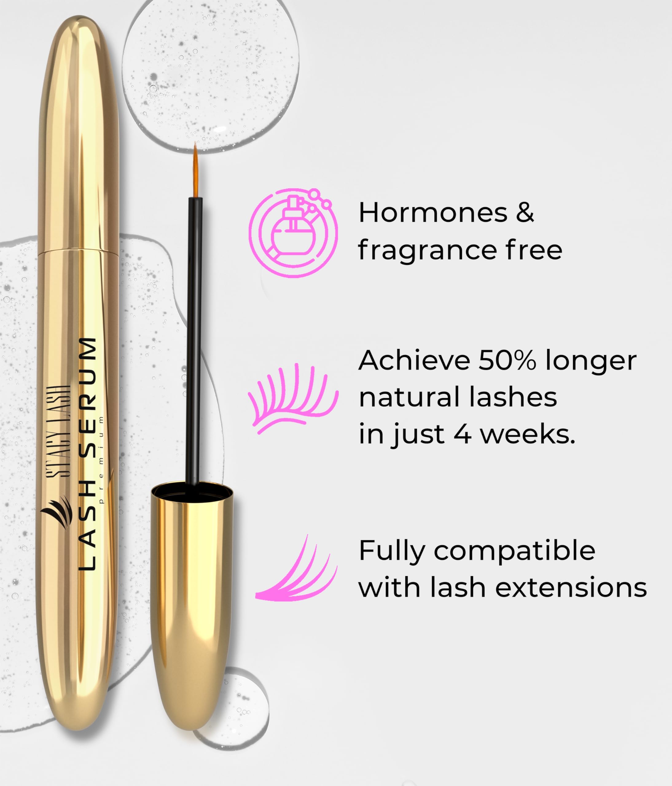 Stacy Lash Serum, pestañas naturales fortalecidas con biotina y péptidos.