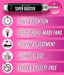 STACY LASH Super Booster con fans de pestañas abiertos para acabado limpio.