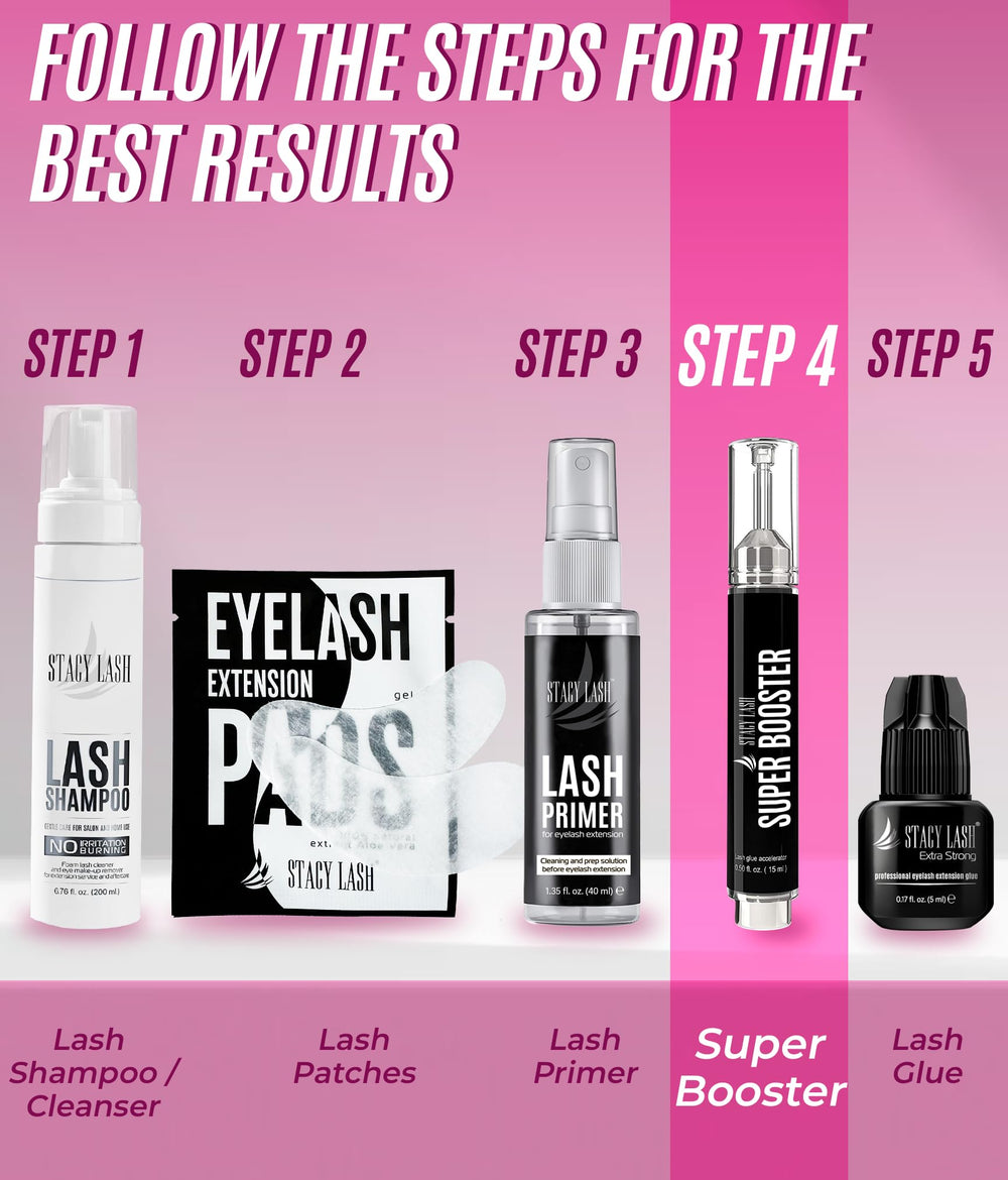 STACY LASH Super Booster fórmula vegana y libre de látex para pestañas suaves.