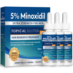 Trois flacons Stafenit Minoxidil 60 ml pour un traitement continu.