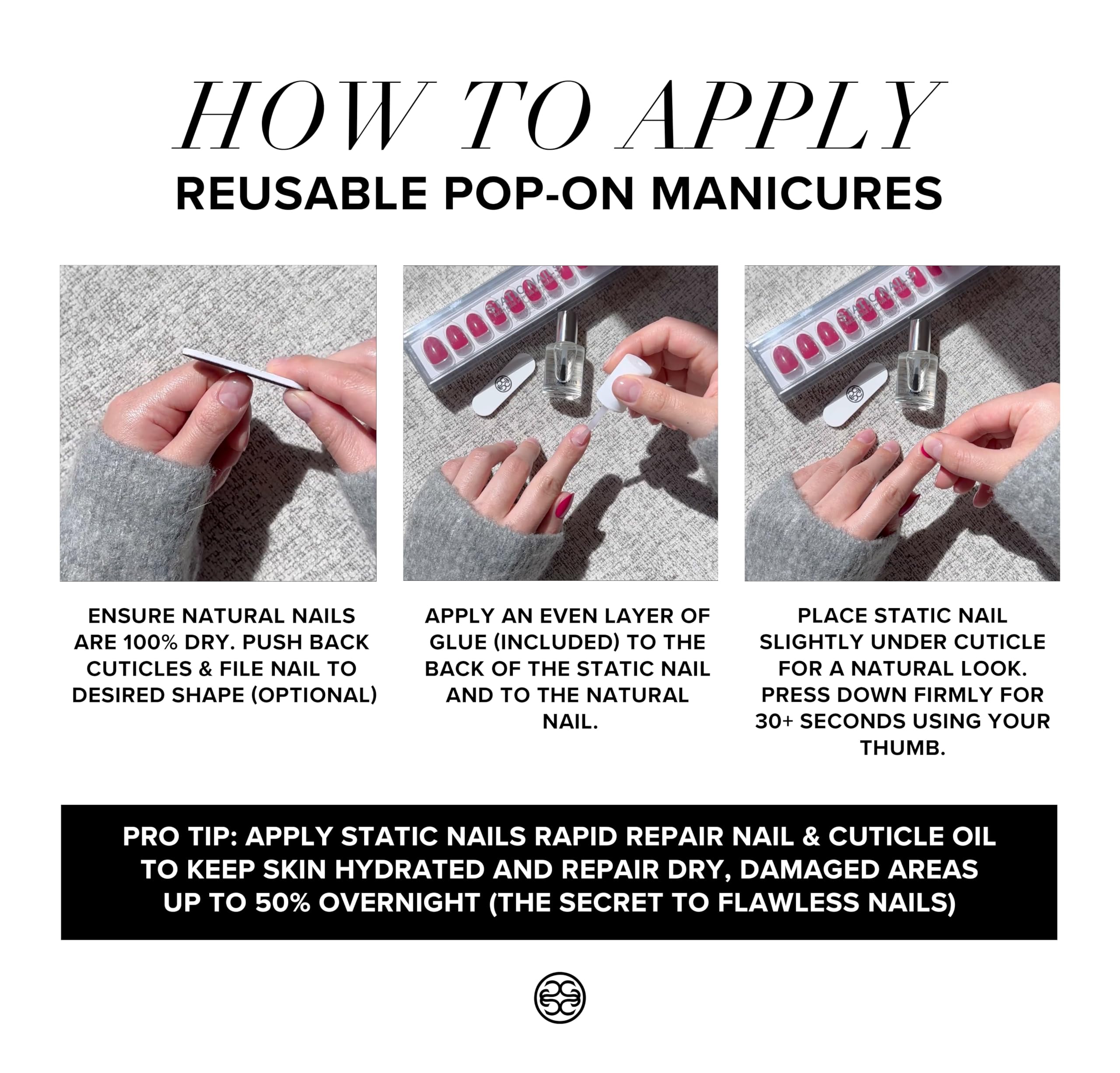 Static Nails sujecion duradera con pegamento para uñas, ideal para uso diario.