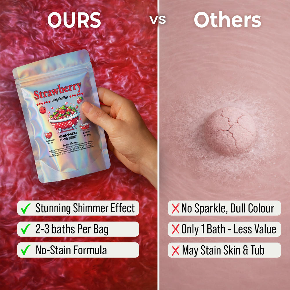 Stsfybaths strawberry scented bath bomb releases a sweet aroma in tub.