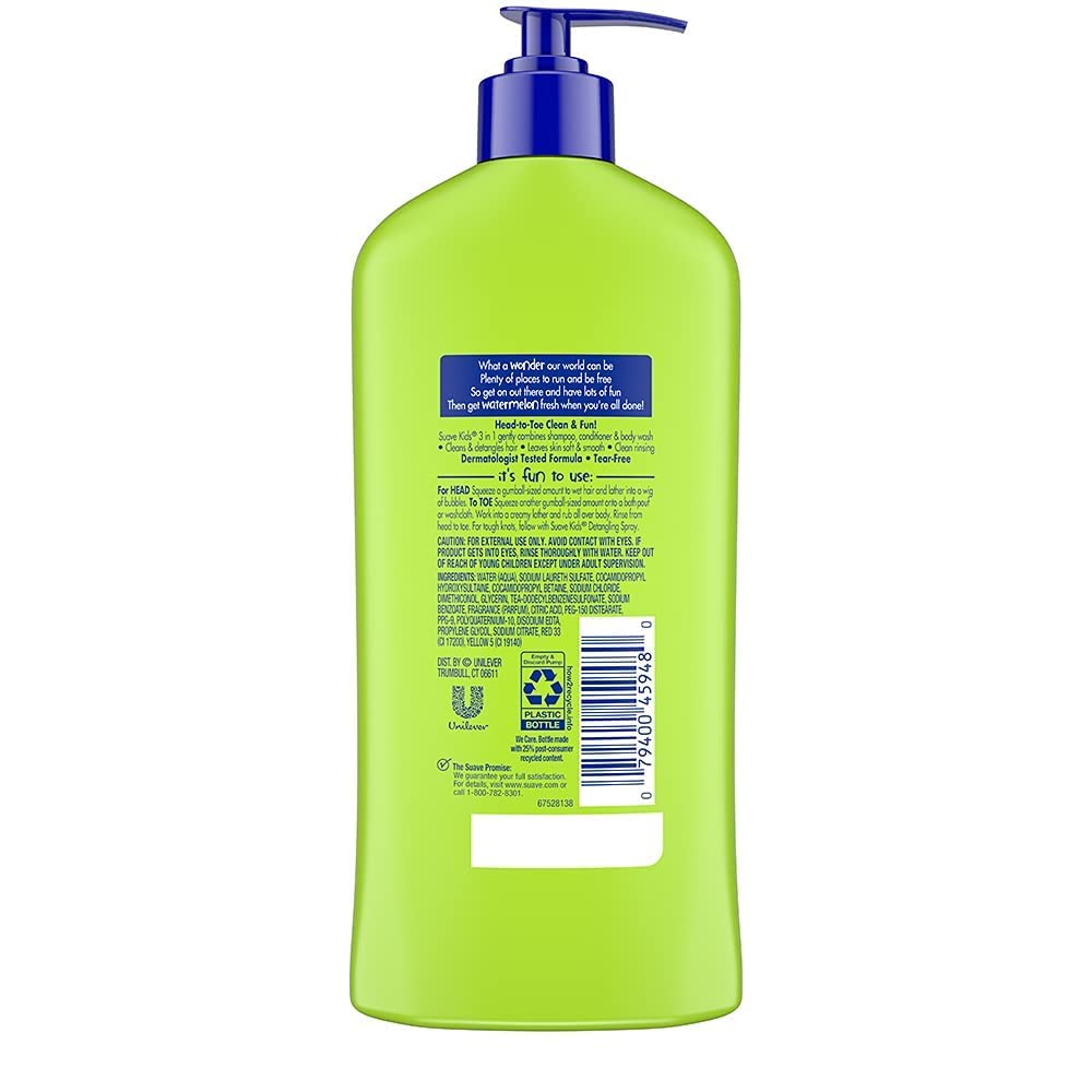 Suave 3-en-1 cuida piel y cabello de niños con aroma a melón.