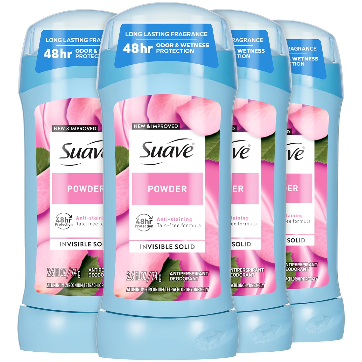 Desodorante Suave para mujer polvo en caja 4-pack, sin manchas en ropa.