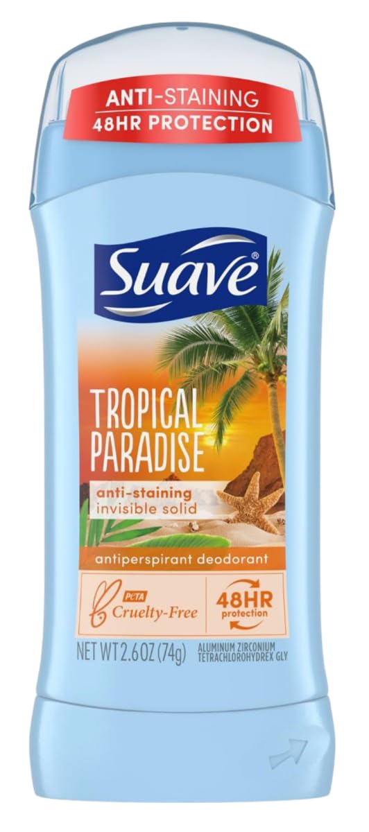 Paquete de seis desodorantes Suave Tropico Paraíso, uso diario práctico.