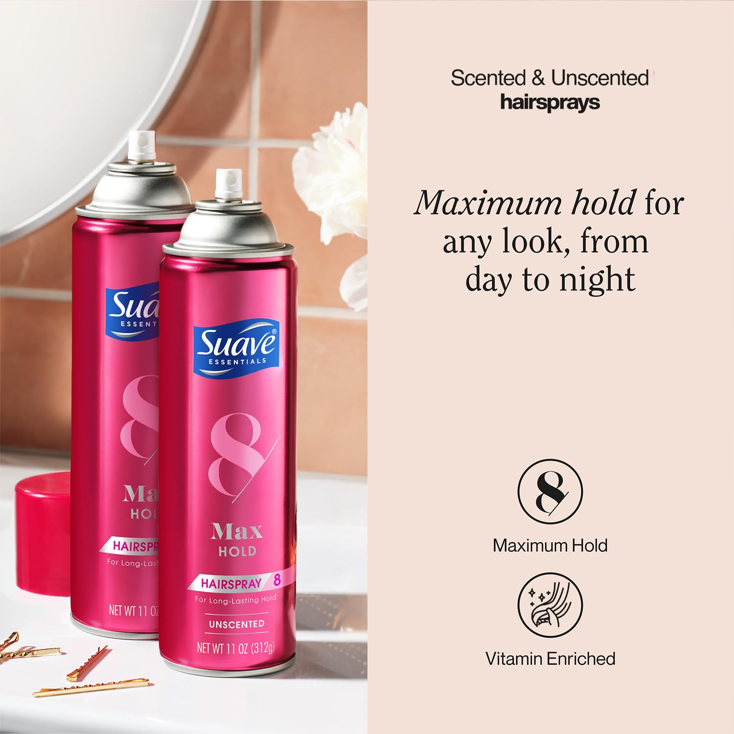 Suave fijación máxima, spray en mano para control rápido del peinado.