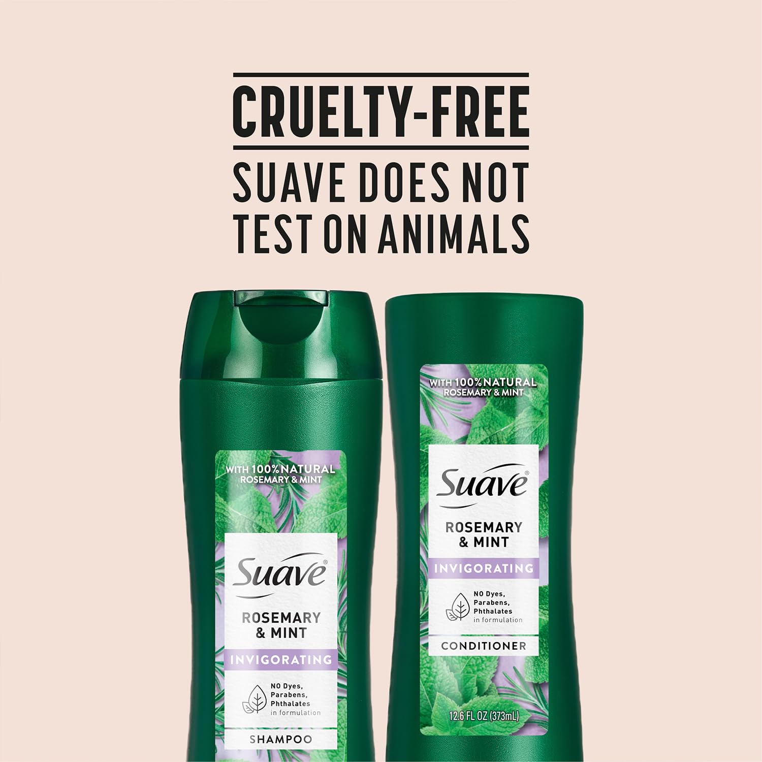 Suave rosemary mint duo on bathroom shelf.