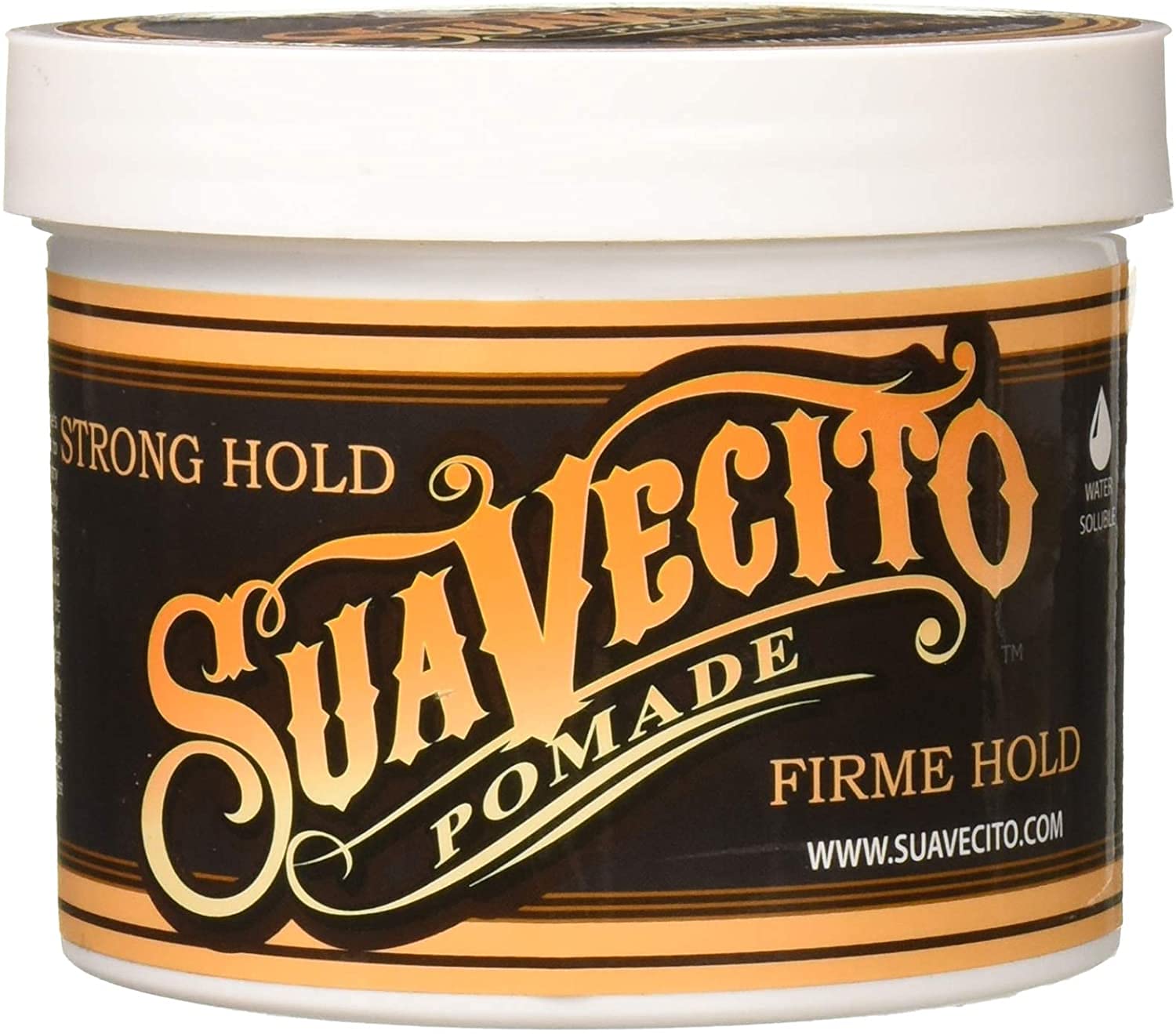 Envase de Suavecito pomada fuerte para fijación duradera y uso diario.