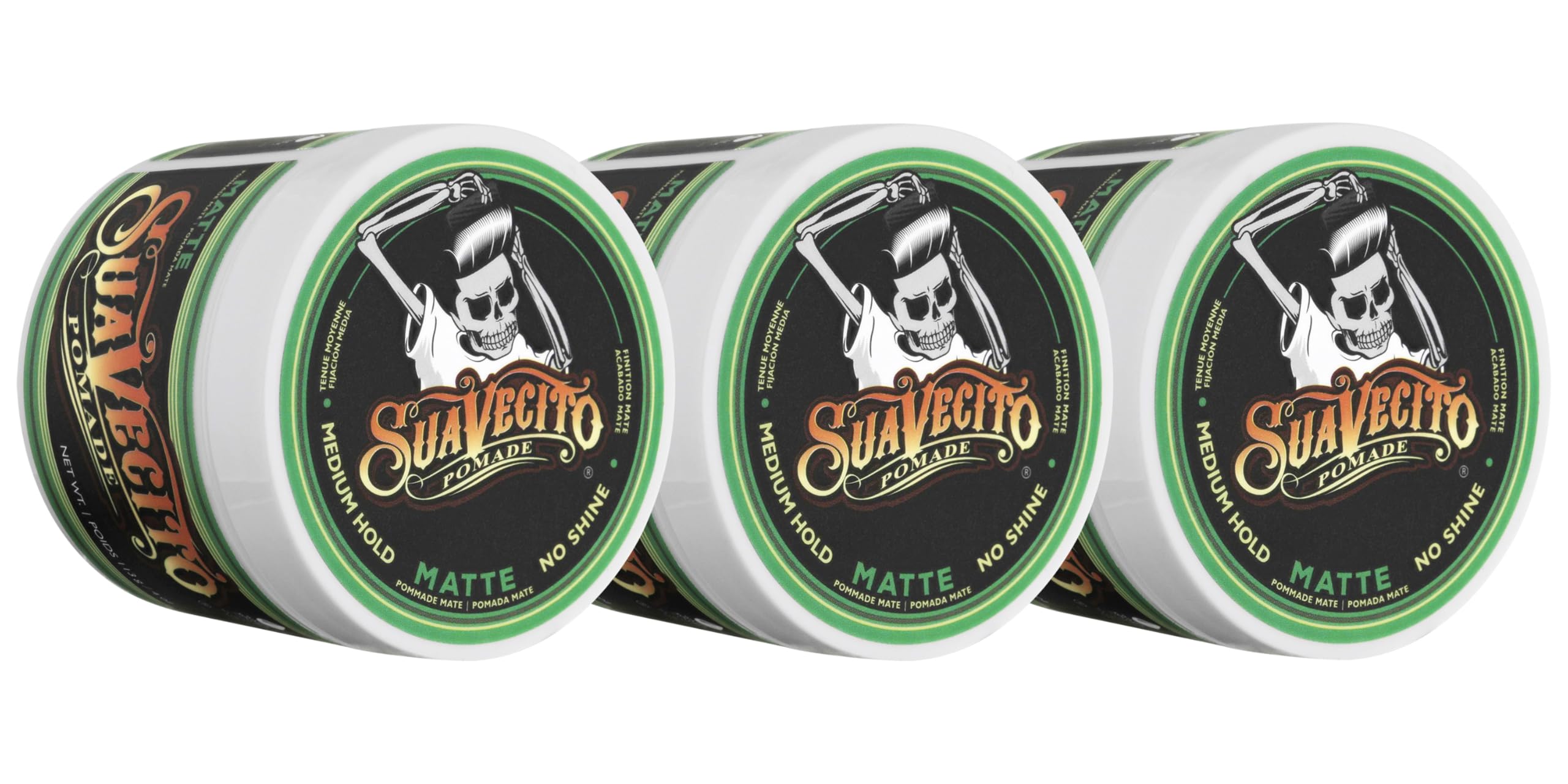 Vue pack de Suavecito Pomade Matte, fini mat naturel et longue tenue potentielle.