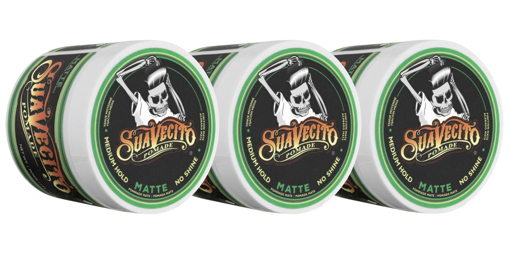 Vue pack de Suavecito Pomade Matte, fini mat naturel et longue tenue potentielle.