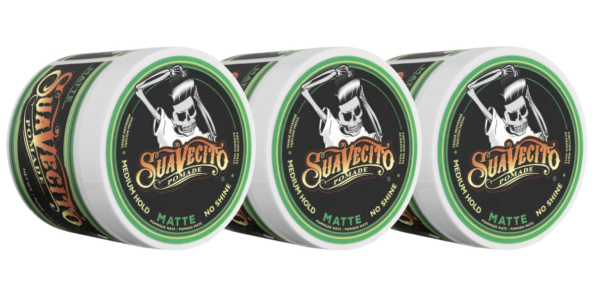 Vue pack de Suavecito Pomade Matte, fini mat naturel et longue tenue potentielle.