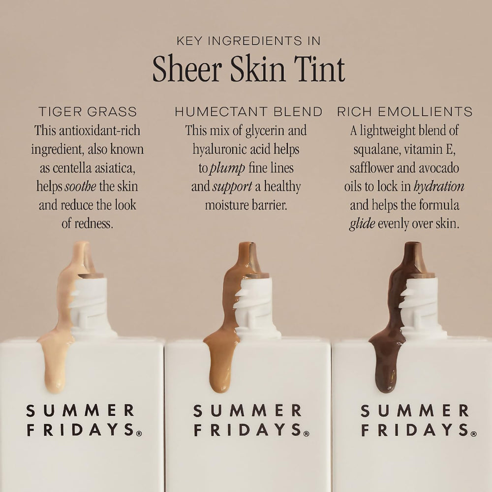 Summer Fridays Sheer Skin Tint con ácido hialurónico para hidratación y plumping ligero.