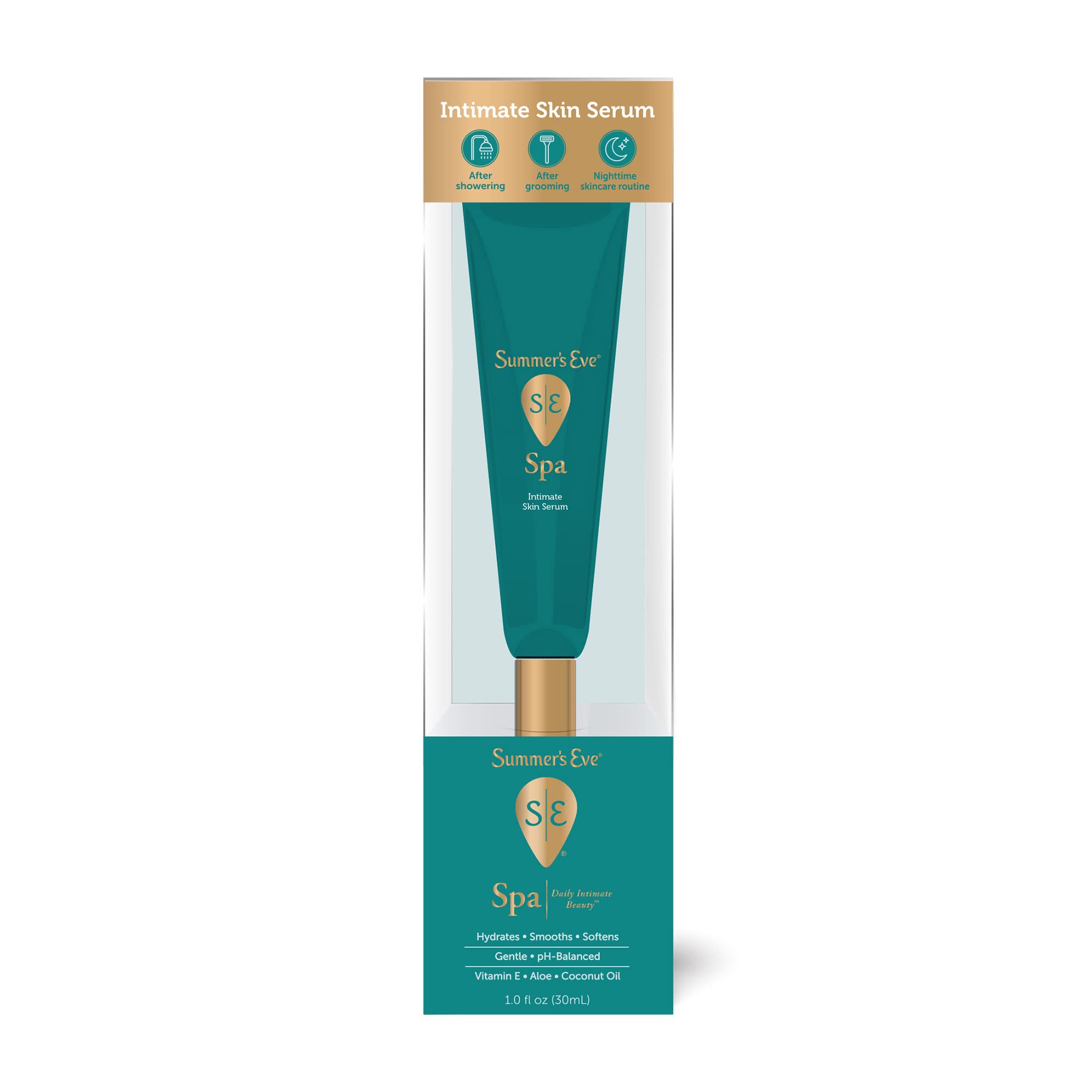 Piel íntima hidratada con Summer's Eve Spa Serum, botella de 1 oz para uso diario.
