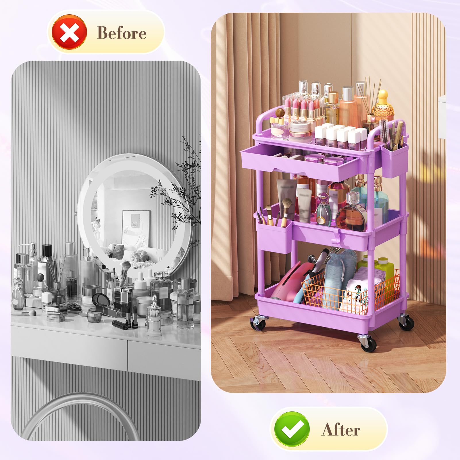 SUNALLY uso multi-escena: perfecto para baño, despacho o sala para cosméticos.