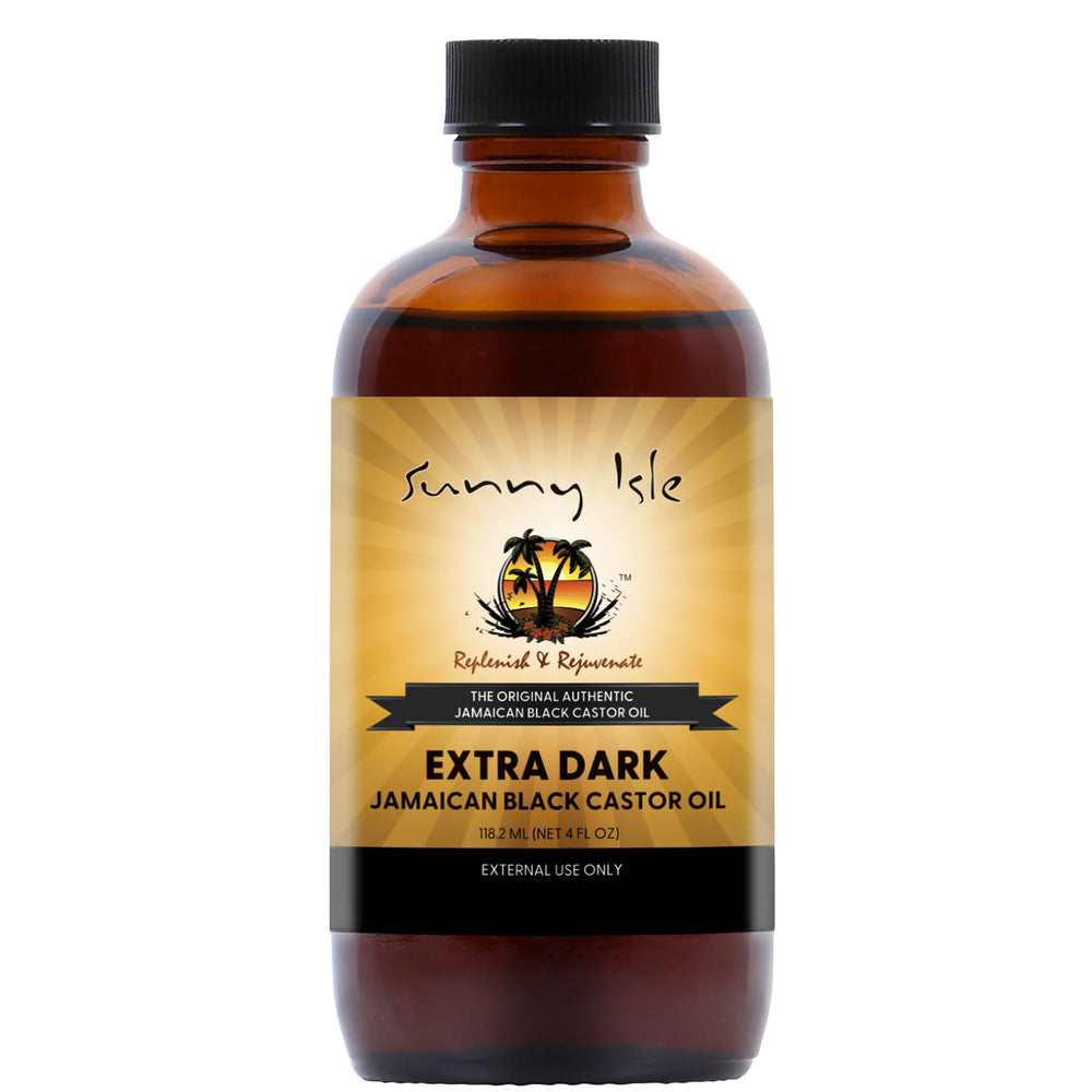 Sunny Isle Aceite Ricino Negro Extra Oscuro, frasco 4 onzas líquidas, aroma rico para cabello y piel.