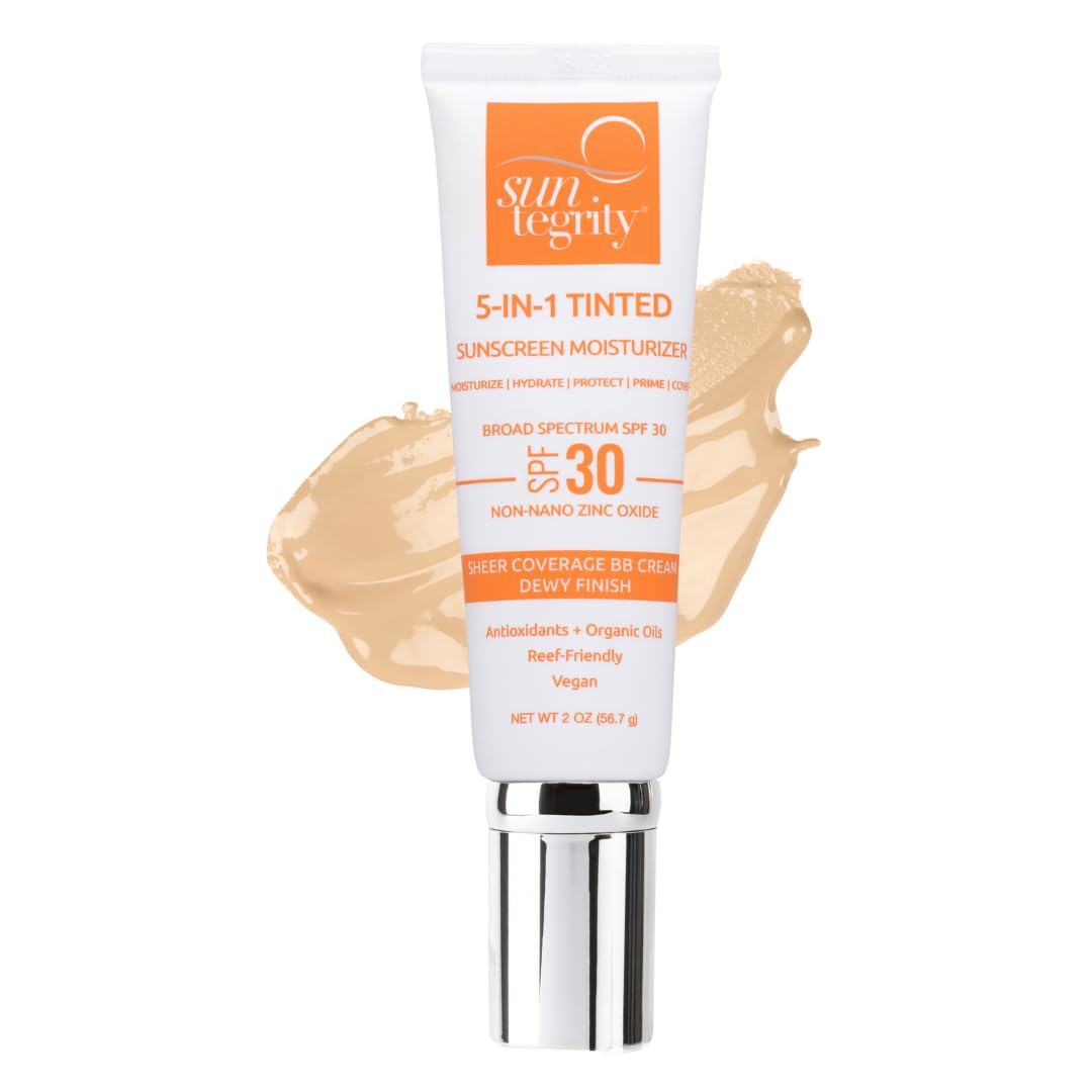 Suntegrity Tintado 5 en 1: botella con protector solar mineral y color para uso diario.